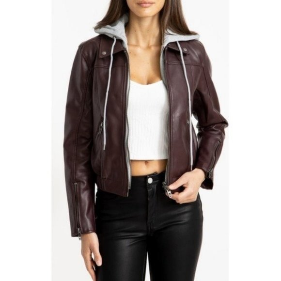 BlankNYC Faux Leather Removable Hood Bomber Jacket NWT XS Hooded Grey Purple - Picture 1 of 10